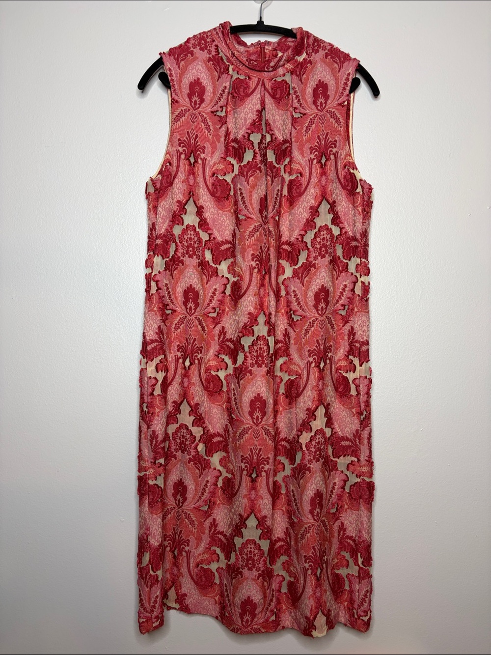 DKNY Devore Velvet Silk Blend Damask Midi Dress With Pockets Pink Red 10